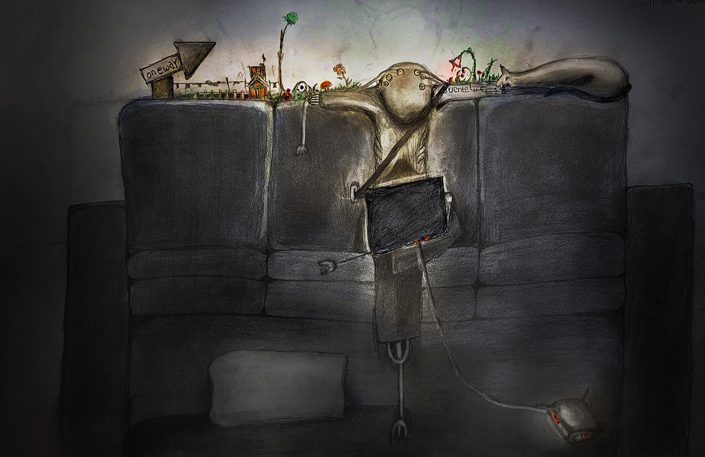 Artwork from SourDog_Author sitting in his couch, writing